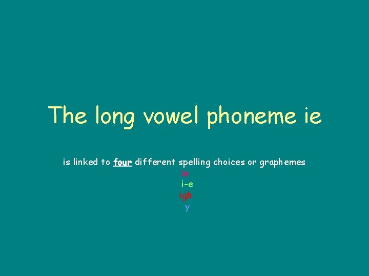 The long vowel phoneme ie is linked to four different spelling choices or graphemes