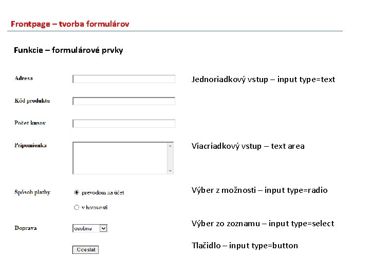 Frontpage – tvorba formulárov Funkcie – formulárové prvky Jednoriadkový vstup – input type=text Viacriadkový