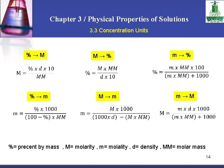 Chapter 3 / Physical Properties of Solutions 3. 3 Concentration Units % → M