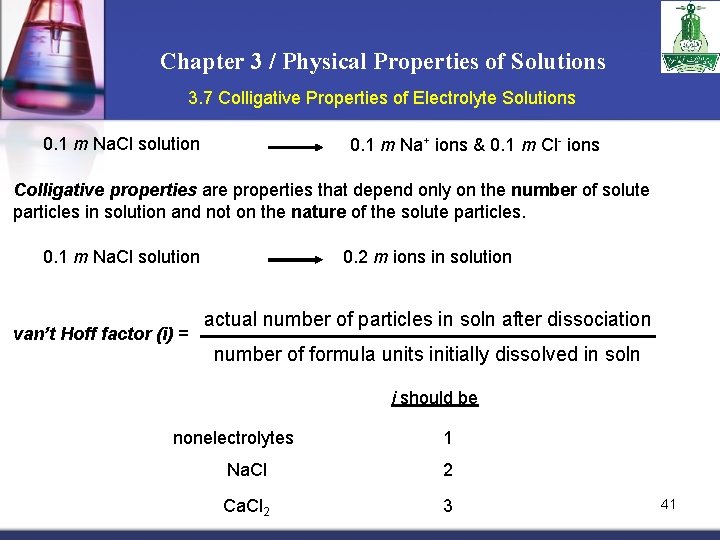 Chapter 3 / Physical Properties of Solutions 3. 7 Colligative Properties of Electrolyte Solutions