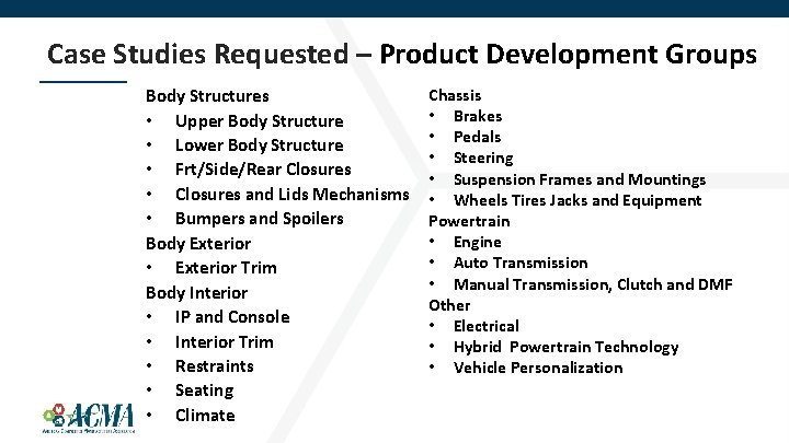 Case Studies Requested – Product Development Groups Body Structures • Upper Body Structure •