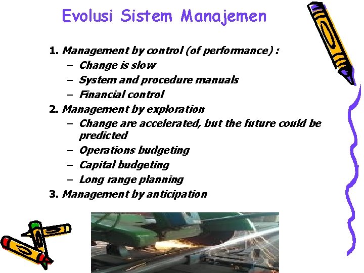 Evolusi Sistem Manajemen 1. Management by control (of performance) : – Change is slow