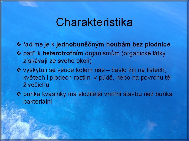 Charakteristika v řadíme je k jednobuněčným houbám bez plodnice v patří k heterotrofním organismům