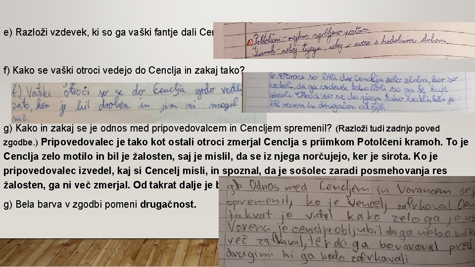 e) Razloži vzdevek, ki so ga vaški fantje dali Cenclju. f) Kako se vaški