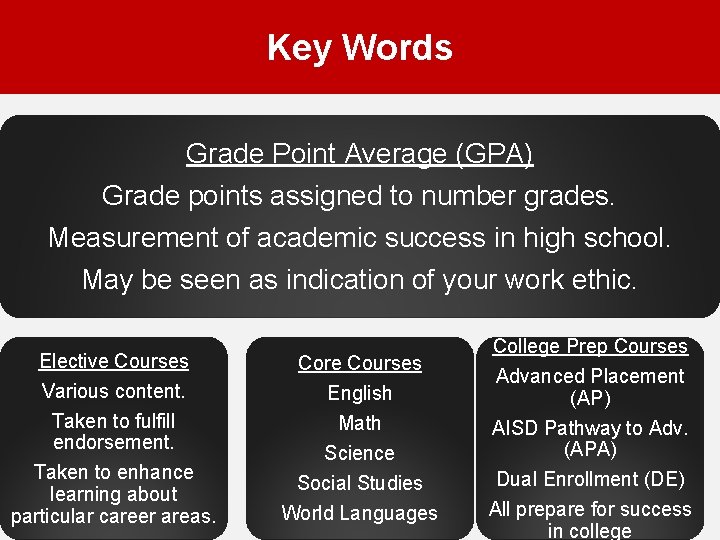 Key Words Grade Point Average (GPA) Grade points assigned to number grades. Measurement of