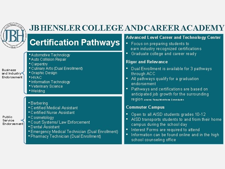 JB HENSLER COLLEGE AND CAREER ACADEMY Certification Pathways Business and Industry Endorsement Public Service