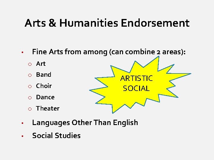 Arts & Humanities Endorsement • Fine Arts from among (can combine 2 areas): o