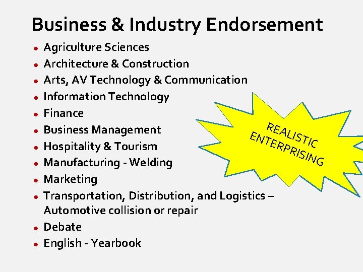 Business & Industry Endorsement ● ● ● Agriculture Sciences Architecture & Construction Arts, AV