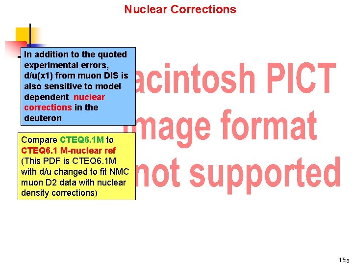Nuclear Corrections In addition to the quoted experimental errors, d/u(x 1) from muon DIS