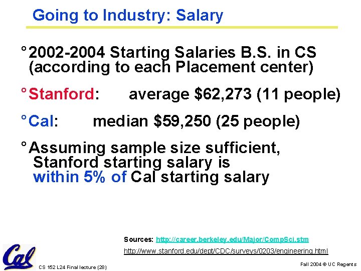 Going to Industry: Salary ° 2002 -2004 Starting Salaries B. S. in CS (according