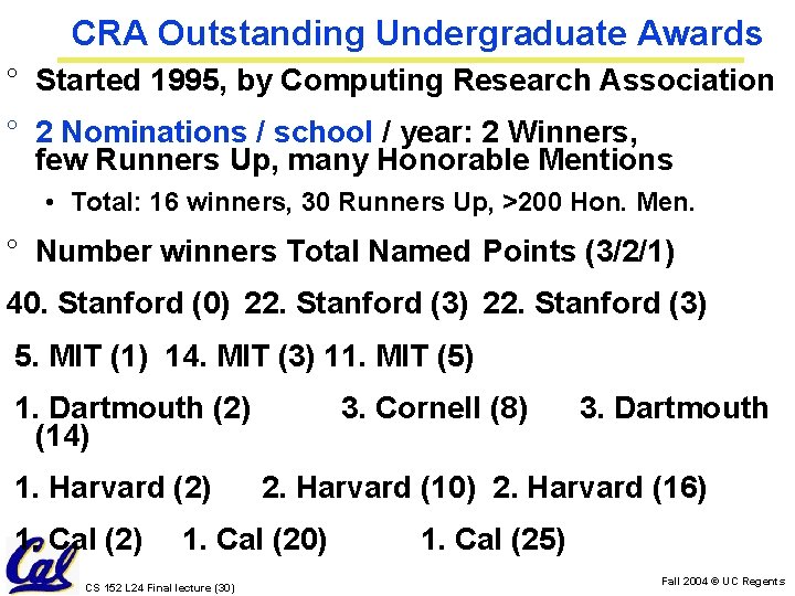 CRA Outstanding Undergraduate Awards ° Started 1995, by Computing Research Association ° 2 Nominations