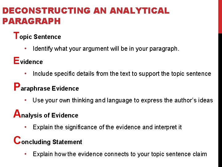DECONSTRUCTING AN ANALYTICAL PARAGRAPH Topic Sentence • Identify what your argument will be in