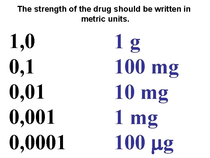 The strength of the drug should be written in metric units. 1, 0 0,