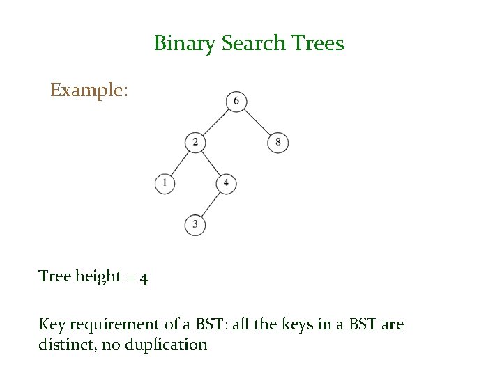 Binary Search Trees Example: A binary search tree Tree height = 4 Not a