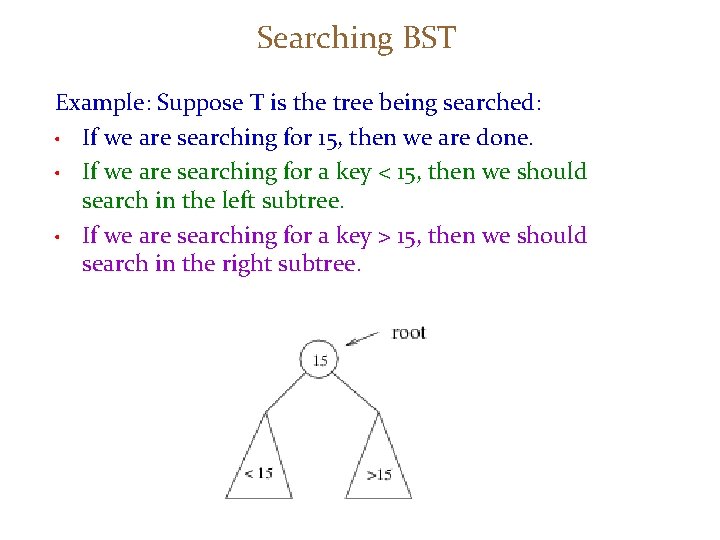 Searching BST Example: Suppose T is the tree being searched: • If we are