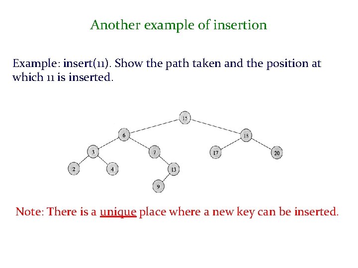 Another example of insertion Example: insert(11). Show the path taken and the position at