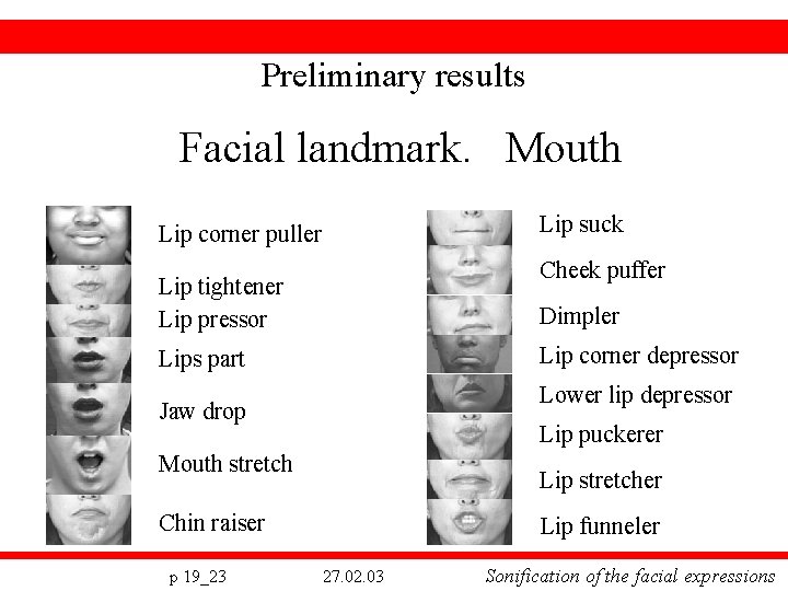 Preliminary results Facial landmark. Mouth Lip suck Lip corner puller Cheek puffer Lip tightener