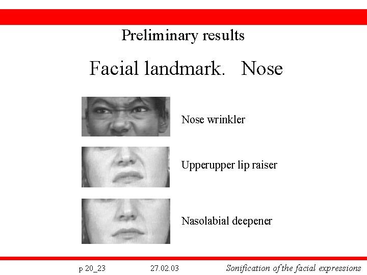 Preliminary results Facial landmark. Nose wrinkler Upperupper lip raiser Nasolabial deepener p 20_23 27.