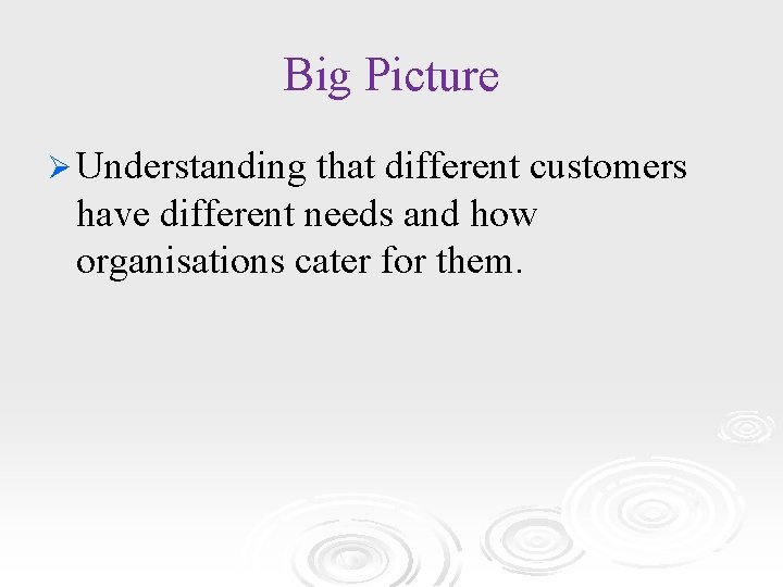 Big Picture Ø Understanding that different customers have different needs and how organisations cater
