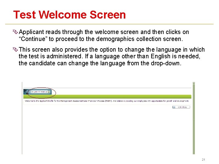 Test Welcome Screen Ê Applicant reads through the welcome screen and then clicks on