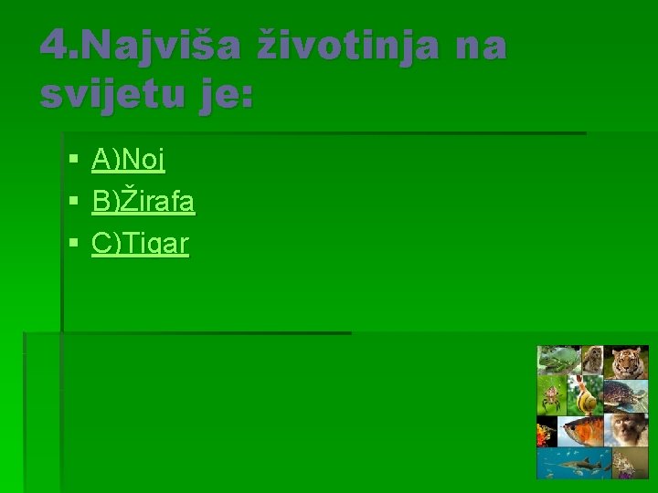 4. Najviša životinja na svijetu je: § § § A)Noj B)Žirafa C)Tigar 