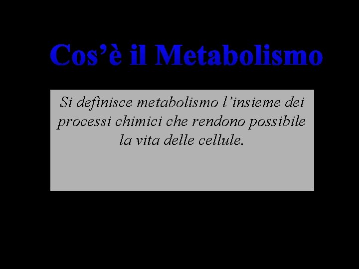 Cos’è il Metabolismo Si definisce metabolismo l’insieme dei processi chimici che rendono possibile la