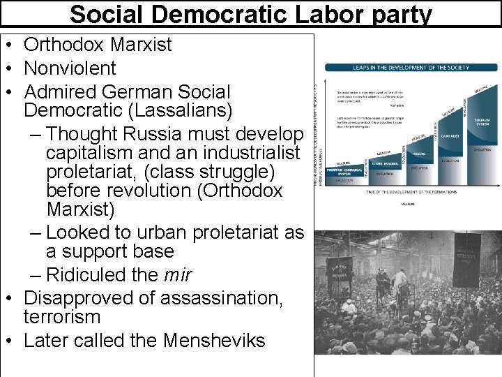 Social Democratic Labor party • Orthodox Marxist • Nonviolent • Admired German Social Democratic