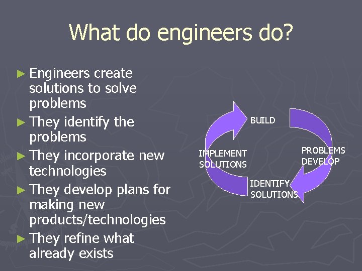 What do engineers do? ► Engineers create solutions to solve problems ► They identify