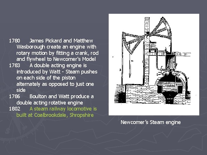 1780 James Pickard and Matthew Wasborough create an engine with rotary motion by fitting 1780 James Pickard and Matthew Wasborough create an engine with rotary motion by fitting