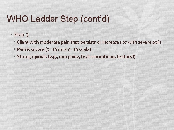 WHO Ladder Step (cont’d) • Step 3 • Client with moderate pain that persists