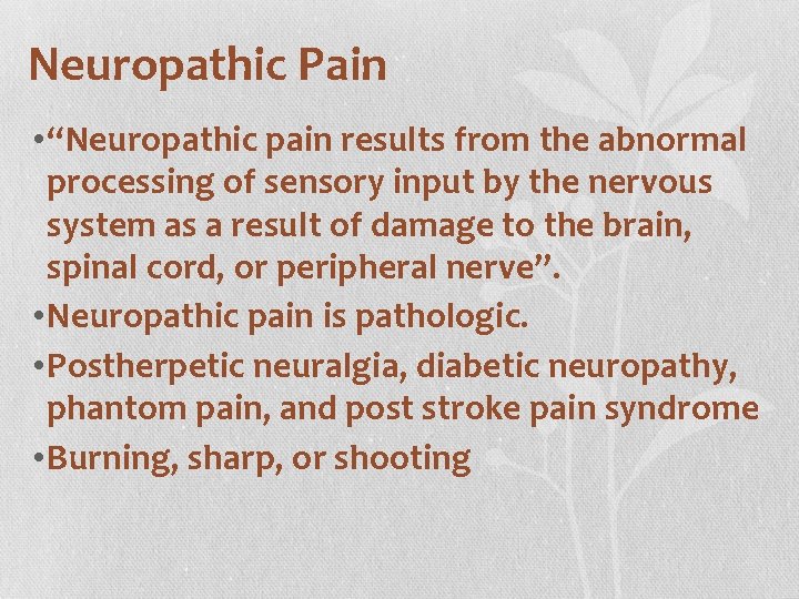Neuropathic Pain • “Neuropathic pain results from the abnormal processing of sensory input by