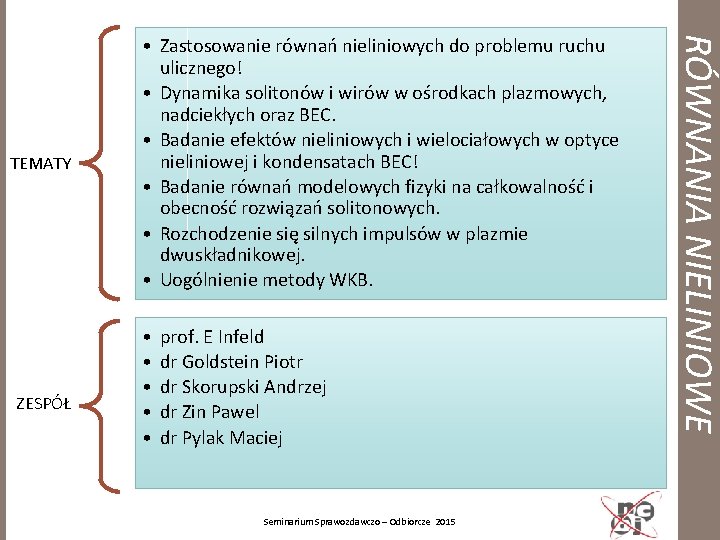 ZESPÓŁ • • • prof. E Infeld dr Goldstein Piotr dr Skorupski Andrzej dr