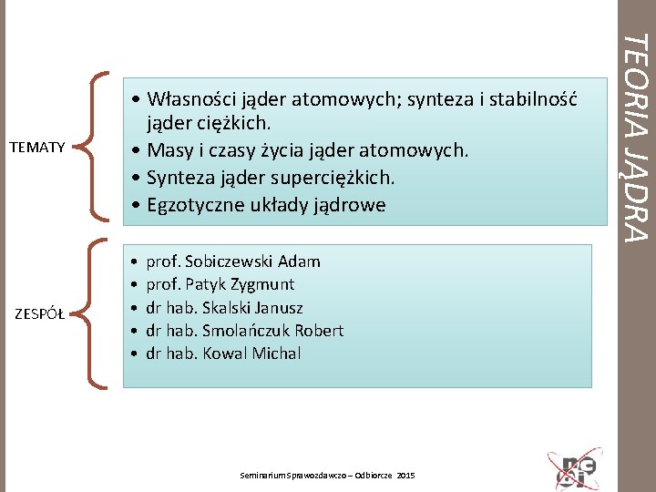 ZESPÓŁ • • • prof. Sobiczewski Adam prof. Patyk Zygmunt dr hab. Skalski Janusz