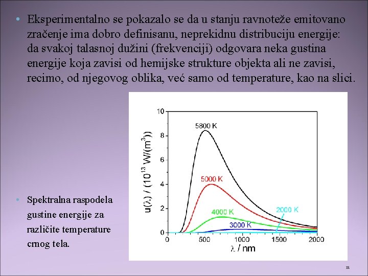• Eksperimentalno se pokazalo se da u stanju ravnoteže emitovano zračenje ima dobro • Eksperimentalno se pokazalo se da u stanju ravnoteže emitovano zračenje ima dobro