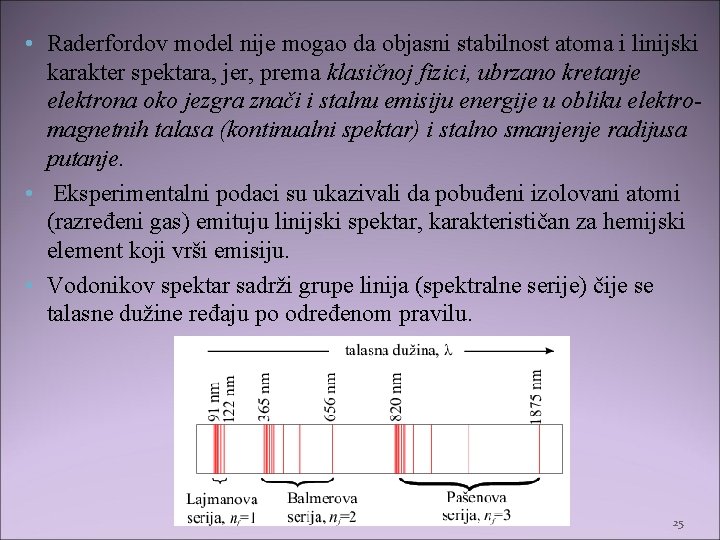  • Raderfordov model nije mogao da objasni stabilnost atoma i linijski karakter spektara,