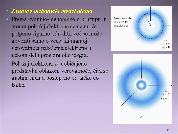  • Kvantno mehanički model atoma • Prema kvantno-mehaničkom pristupu, u atomu položaj elektrona