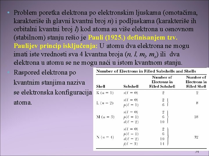  • Problem poretka elektrona po elektronskim ljuskama (omotačima, karakteriše ih glavni kvantni broj