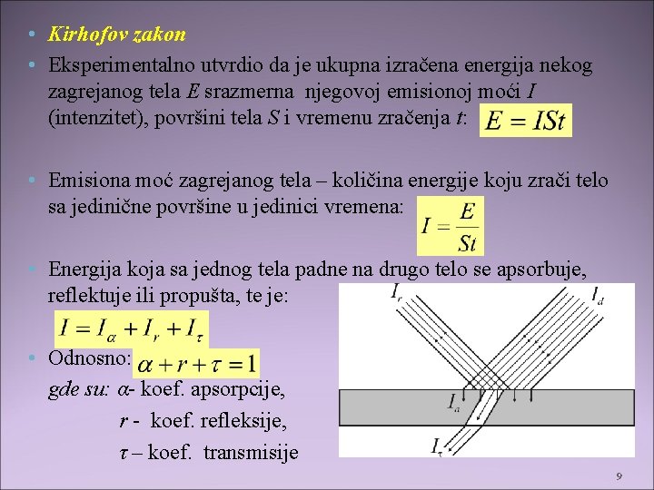  • Kirhofov zakon • Eksperimentalno utvrdio da je ukupna izračena energija nekog zagrejanog