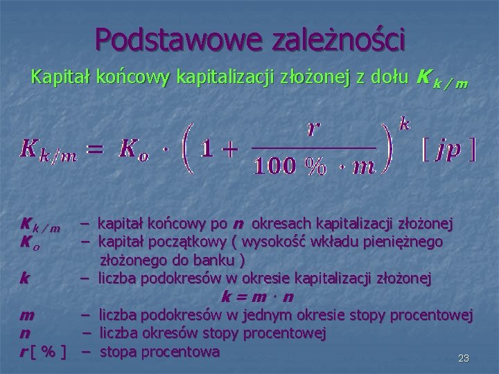 Podstawowe zależności Kapitał końcowy kapitalizacji złożonej z dołu K k / m Kk/m Ko