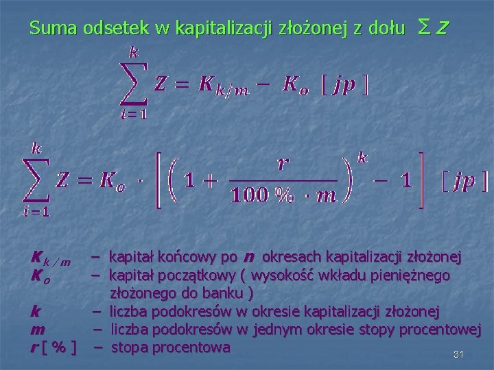 Suma odsetek w kapitalizacji złożonej z dołu Σ Z – kapitał końcowy po n