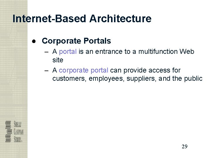 Internet-Based Architecture ● Corporate Portals – A portal is an entrance to a multifunction