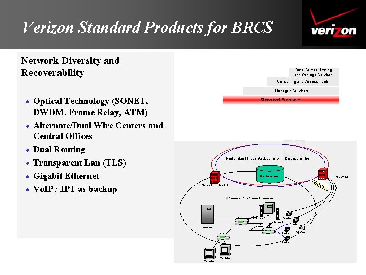 Verizon Standard Products for BRCS Network Diversity and Recoverability Data Center Hosting and Storage