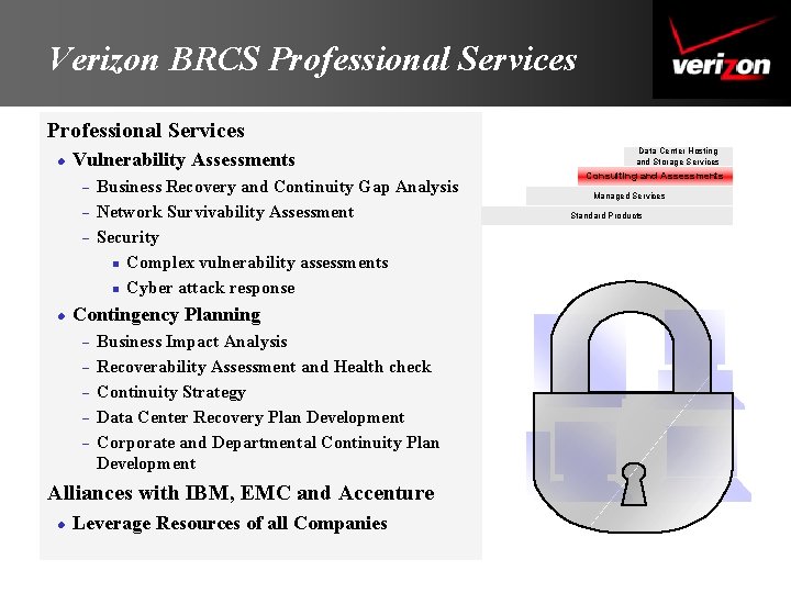 Verizon BRCS Professional Services l Vulnerability Assessments – – – l Business Recovery and