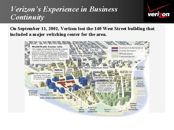 Verizon’s Experience in Business Continuity On September 11, 2001, Verizon lost the 140 West