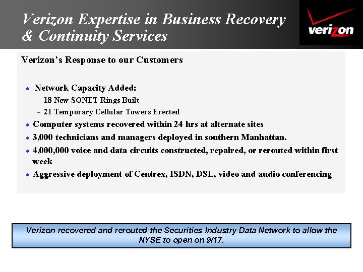 Verizon Expertise in Business Recovery & Continuity Services Verizon’s Response to our Customers l