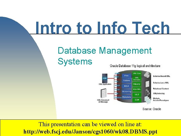 Intro to Info Tech Database Management Systems This presentation can be viewed on line