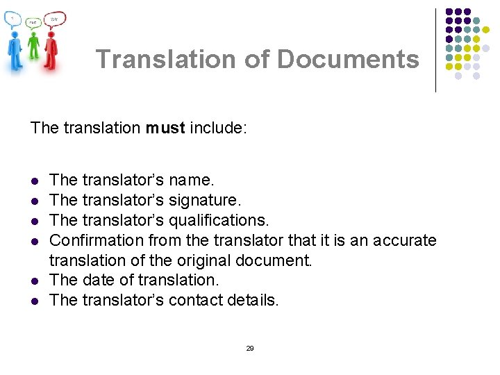 Translation of Documents The translation must include: l l l The translator’s name. The