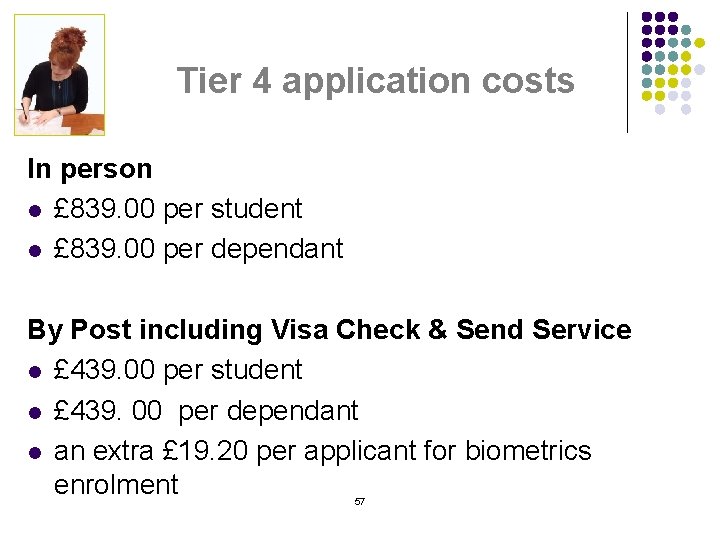 Tier 4 application costs In person l £ 839. 00 per student l £