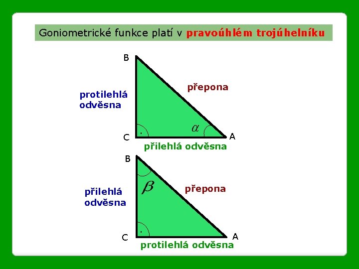 Goniometrické funkce platí v pravoúhlém trojúhelníku B přepona protilehlá odvěsna C . přilehlá odvěsna