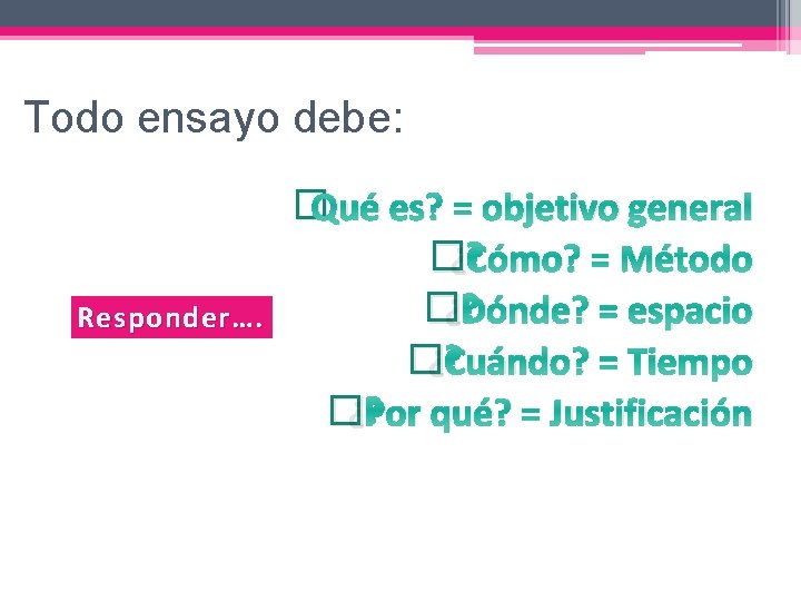 Todo ensayo debe: Responder…. �Qué es? = objetivo general �¿Cómo? = Método �¿Dónde? =